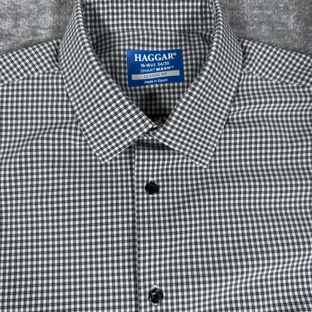 Haggar Shirt Men's 16-16.5 Black White‎ Plaid Smart Wash Classic Fit Long Sleeve